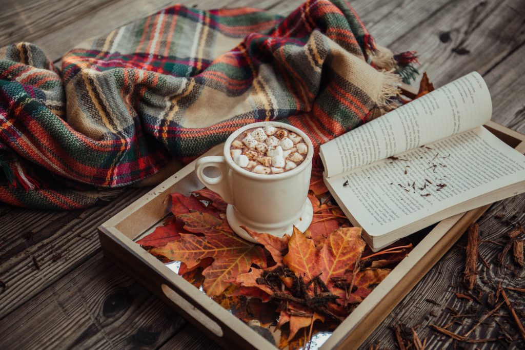 Ein Tablett mit bunten Herbstblättern, einer Tasse heißer Schokolade und einem Buch ist neben einer Kuscheldecke auf dem Boden abgebildet.